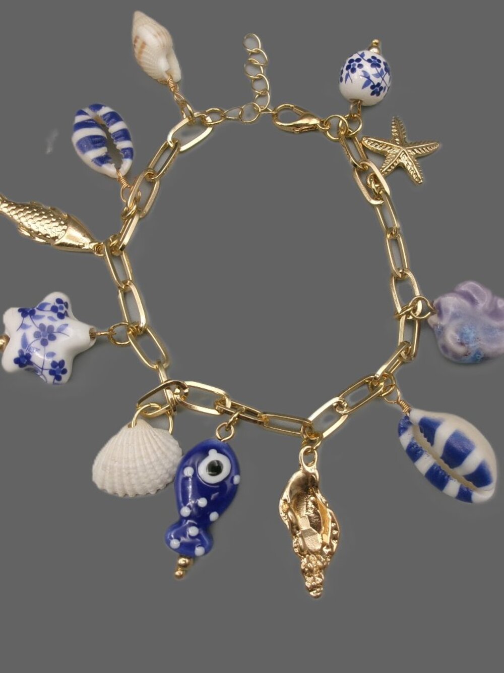 Sea Marine Charm Bracelet, Blue White Ceramic, Fish, Starfish, Shells